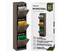 VEEHAUS Prullenbak Afvalscheiding 45 Liter (3x15L), 3 Vakken met Klep, Metaal, Keuken & Kantoor, Beige