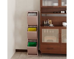 VEEHAUS Prullenbak Afvalscheiding 45 Liter (3x15L), 3 Vakken met Klep, Metaal, Keuken & Kantoor, Roze