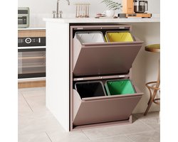 VEEHAUS Prullenbak Afvalscheiding 60 Liter (4x15L), 4 Vakken met Klep, Metaal, Keuken & Kantoor, Roze