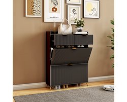 Veelzijdig schoenenkastje met 2 kleppen/lades, smal schoenenrek, voor de hal, hout, 110x80x24 cm, zwart