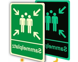 Veiligheidsbord voor verzamelpunt - 2 assemblageplaatsen, UV-bestendig, stevig PVC hard schuim, 20 x 30 cm, buitenverlichting, duidelijke signalering