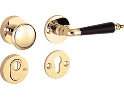 Veiligheidsgarnituur - Messing getrommeld - Mi Satori - Mi Satori knop/kruk op - SKG Antique ebben messing gelakt/messing PVD rechts
