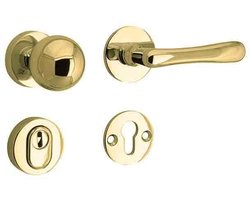 Veiligheidsgarnituur - Messing ongelakt - Mi Satori - Mi Satori knop/kruk op - SKG Linea messing ongelakt rechts