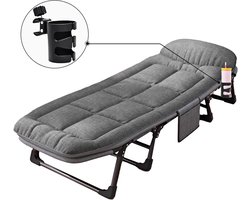 Veldbed - Campingbed - Logeerbed met kussen - Opvouwbaar Kampeerbed - 190x66x30 cm - Strandbed - Versterkt 8-Poots - Met bekerhouder - Met 3x Lendensteun - Stevig Kussen - Inklapbaar - Antraciet/Grijs - Ideaal voor Tuin, Kamperen & Reis