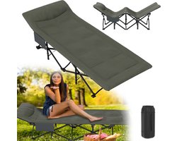 Veldbed, inklapbaar, tot 200 kg, campingbed met draagtas en zijzak, 185 x 75 x 40 cm, ergonomisch klapbed, groen, logeerbed met ge茂ntegreerd matras en kussen voor buiten