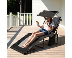 Veldbed-ligbed voor in de tuin en zwembad - Set van 2 opvouwbare ligstoelen met zonnescherm-5 standen rugleuninghoek-Stalen frameconstructie-2 Standen beenstand, gewatteerd- Zwart en Grijs