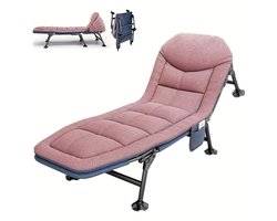 Veldbed-ligbed voor in de tuin-Met zijvak en matras-Verstelbaar in 5 standen- Draagbaar ligbed voor buiten,Kamperen,Vissersbed-Roze.