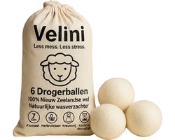 Velini Drogerballen 100% Wol - 6 Stuks (7 cm) - Snellere Droogtijd & Minder Kreukels - Met Katoenen Bewaarzak