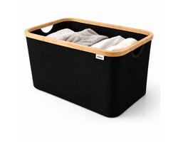 Vellano Opvouwbare Wasmand 45L – Zwart – Wasmand met Bamboe Rand – Inklapbare Wasbox met Handgrepen – Heupwasmand – Opbergmand