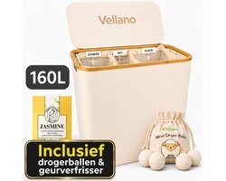 Vellano Wasmand 3 Vakken – Wassorteerder met Deksel – 160L – 3 Uitneembare Waszakken – Bamboe Frame – Incl. Drogerballen & Jasmijn Geurverfrisser