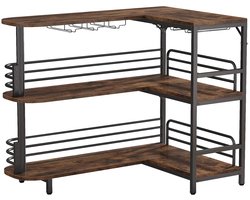 Velmio Barkast - L-Vormige Thuisbar - Drankkast Met Opbergplanken - Wijnrek Met Glazenhouder - Industriële Home Bar - 3 Laags - Bruin/Zwart