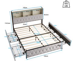 Velmio Gestoffeerd Bed - Tweepersoonsbed - 140x200 cm - Met LED-hoofdbord en USB-aansluiting - Jeugdbed - Met Lattenbodem En 4 Laden - Opbergruimte - Opbergbed - Zonder Matras - Beige