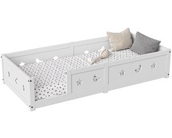 Velmio Montessori Bed - Kinderbed - Peuter Vloerbed - Grondbed - 90x200 cm - Massief Grenenhout - Met Uitvalbeveiliging - Wit