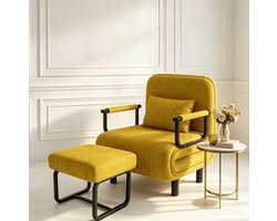 Velourra -Fluwelen fauteuil met poef - Metalen frame - Geel