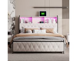 Velours Polsterbed 180x200 met LED & USB-C – Bedframe met Opbergruimte – Beige Kingsize Bed