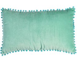 Velours sierkussen mintgroen met aqua pompons 33x50cm