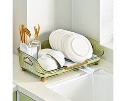 Velox Goods Afdruiprek met Lekbak en Draaibare Afvoertuit - Afwasrek met Bestekhouder - Vaatrek voor Borden, Glazen en Bestek - 44 x 28 cm - Groen