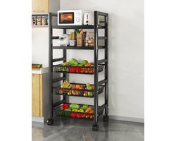 Velox Goods VL-518 Keukenplanken – Stevig Opbergrek met 5 Lagen – Verrijdbaar Metalen Keukenrek met Gaasmanden – Geschikt voor Magnetron, Fruit, Groente & Keukenapparatuur – Zwart – 58x36x127 cm