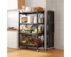 Velox Goods VL‑522 4‑Laags Opbergrek – Inklapbare Planken met Wielen – Stevig Staand Rek voor Keuken, Badkamer & Woonkamer – Open Vakkenkast – Zwart
