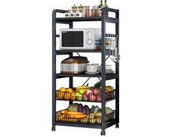 Velox Goods VL‑523 Keukenplanken – Stevig 4‑Laags Opbergrek met Magnetronplank – Metalen Staand Keukenrek – Voor Groenten, Fruit & Apparatuur – Zwart