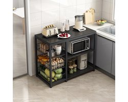 Velox Goods VL‑524 Keukeneiland – Staand Keukenrek met 3 Stevige Planken & Werkblad – Magnetronkast – Organizer voor Groente, Fruit & Keukenapparaten – Zwart – Metaal & Houtlook