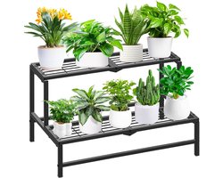 Velto95 - Plantenstandaard voor binnen en buiten - 2 niveaus - Metaal - Bloemenplantenstandaard - Balkonhouder - Tuininrichting - Zwart.