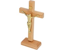 Velto95- Tafelkruis - Religieus item - Handgemaakt - Staand kruis - Stabiele basis - Crucifix - Thuis decoratie - Houten kruis - Geschikt voor tafel - Bruin model