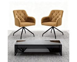 Velvet Eetkamerstoel – Draaistoel – Armstoel – Keukenstoel – Stoel Met Armleuningen – Set Van 2 – Gele Bekleding – 360° Draaibaar Met Stevig Metalen Onderstel