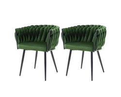 Velvet Eetkamerstoelen – Stoelen Set – Keukenstoelen – Dining Stoelen – Zithoek Stoelen – Met Armleuningen – Met Metalen Kruisframe – Comfortabele Velvet Bekleding – Gevlochten Rugleuning – Frisse Groene Kleur – Set Van 2
