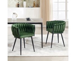 Velvet Eetkamerstoelen – Stoelen Set – Keukenstoelen – Dining Stoelen – Zithoek Stoelen – Met Armleuningen – Met Metalen Kruisframe – Comfortabele Velvet Bekleding – Gevlochten Rugleuning – Frisse Groene Kleur – Set Van 2