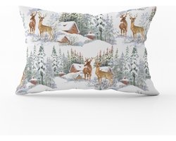 Velvet Kussenhoes - 30x50 cm - Rendieren & Berghuisje - Kerst - Fluweel Sierkussenhoes