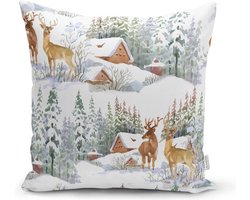 Velvet Kussenhoes - 45x45 - Rendieren & Berghuisje - Kussensloop - Kerst decoratie - Kussenhoesjes