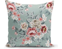 Velvet Kussenhoes - Bloemen op Licht Blauw - 45x45 - kussensloop - Aan beide zijdig bedrukt