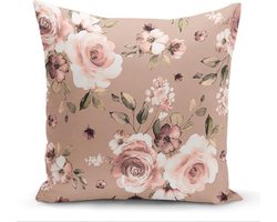 Velvet Kussenhoes - Lichtbruine bloemen - 45x45 - kussensloop - Aan beide zijdig bedrukt