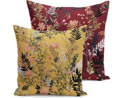 Velvet kussenhoes set van 2 - 45x45 - Bloemen op Bordeaux & Geel - Aan beide zijdig bedrukt