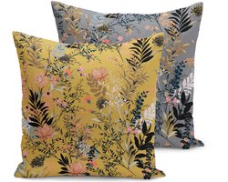 Velvet kussenhoes set van 2 - 45x45 - Bloemen op Grijs & Geel - Aan beide zijdig bedrukt