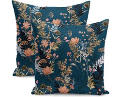 Velvet Kussenhoes set van 2 - Bloemen op Donkerblauw - 45x45 - Aan beide zijdig bedrukt