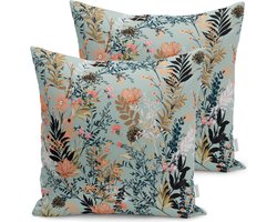Velvet Kussenhoes set van 2 - Bloemen op Lichtblauw - 45x45 - Aan beide zijdig bedrukt