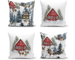 Velvet Kussenhoes set van 4 stuk - 50x50 - Kussensloop - Kerst Rendieren & Berghuisje - De Groen Home