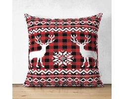 Velvet Kussenhoesjes - 50x50 cm - Rendieren op roode plaid - Kerst Decoratie