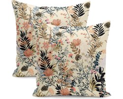 Velvet Kussenhoesjes - kussenhoes set van 2 - 45x45 cm - Bloemen op crèmekleurig - Aan beide zijdig bedrukt