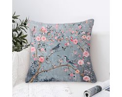 Velvet kussensloop met bloemen en vogels – luxe fluweel sierkussenhoes 45x45 cm – decoratieve kussenhoes zonder vulling – romantische blossom print in grijs blauw