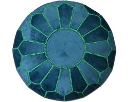 Velvet poef turquoise - Ronde poef - Fluwelen poef turquoise en groen - Handgemaakt en uniek - Gevuld geleverd - Ideaal voor je woon-, slaap- of kinderkamer - met leuk geel stiksel
