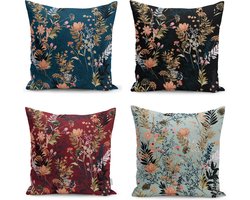 Velvet Sierkussen 45x45 - 4 stuks set - Bloemen - Inclusief binnenkussen