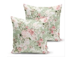 Velvet Sierkussen set 2 stuks - 45x45 - Pastel bloemen - Inclusief binnenkussen - Aan beide zijdig bedrukt