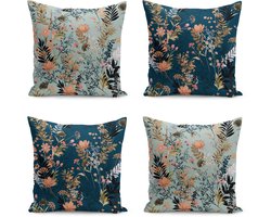 Velvet Sierkussen set van 4 - 45x45 cm - Bloemen - Inclusief binnenkussen - Aan beide zijdig bedrukt