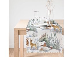 Velvet Textiel Kersttafelloper - 45x260 cm - Rendieren & Berghuisje - Tafellaken - Kerst Decor - Runner - Tafelkleed