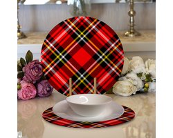 Velvet textile placemat rond met hout - Kerst rode tartan - 2 stuks - 33 cm - Onderlegger