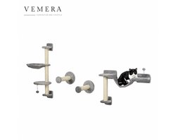 Vemera krabpaal - kattenboom volle wand 4-delig met hangmat, Papple, springplatforms, sisalpaal en grijze pluche ladder