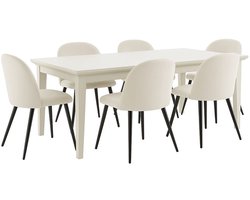 Venedig eethoek eettafel wit 95x180/276 met 2 stuks extra plaat 6 stoelen fluweel beige.